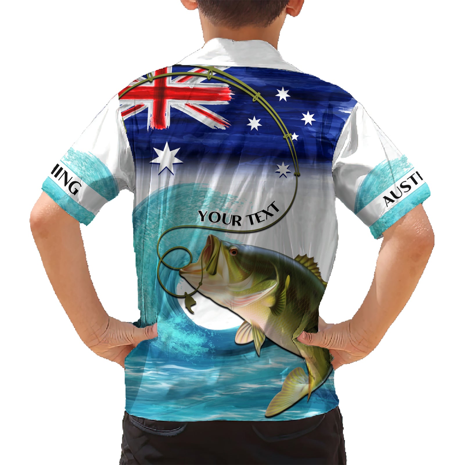 Personalised Australia Fishing Hawaiian Shirt Barramundi With Ocean Waves Flag Grunge Style - Vibe Hoodie Shop