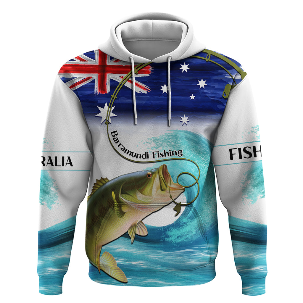 Personalised Australia Fishing Hoodie Barramundi With Ocean Waves Flag Grunge Style - Vibe Hoodie Shop