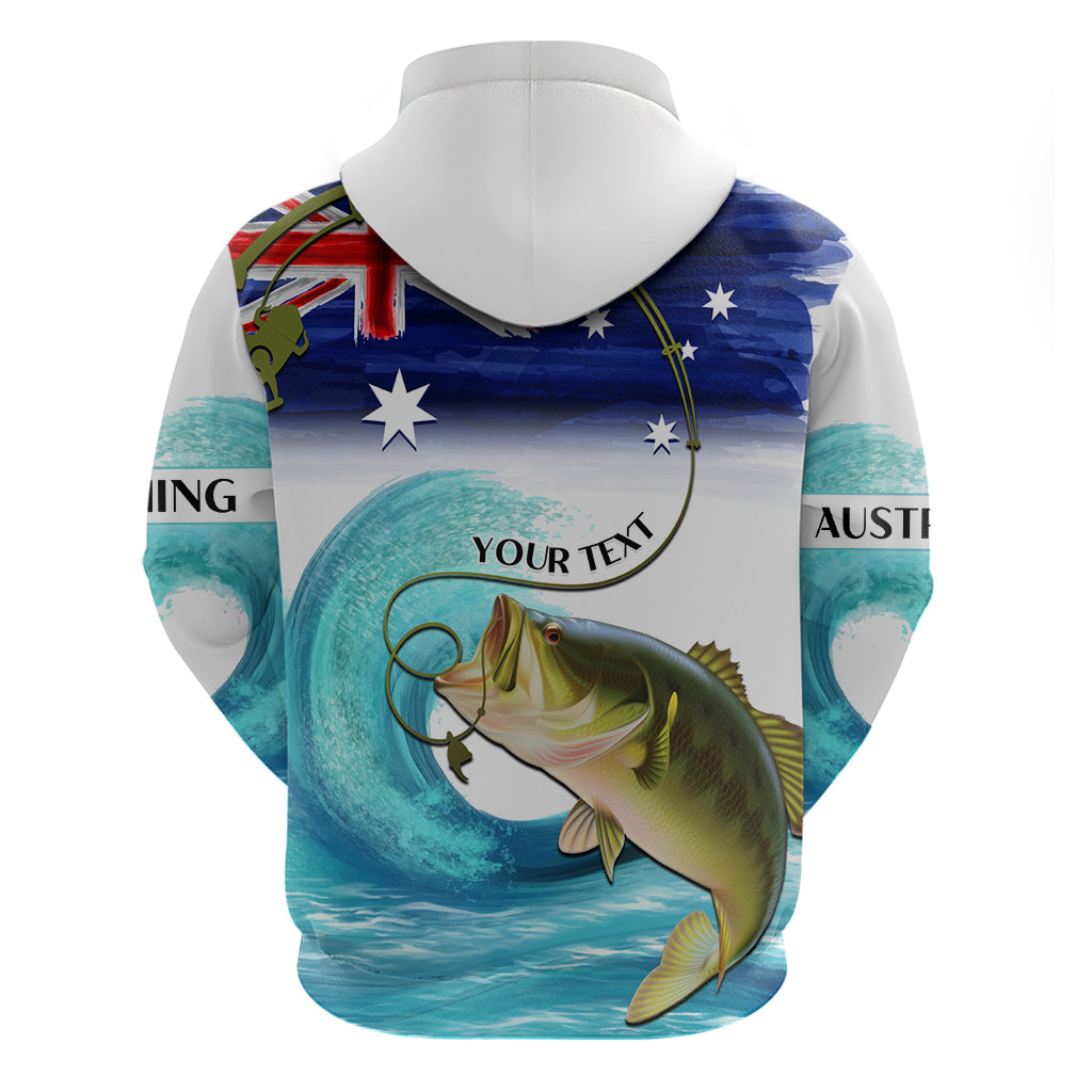 Personalised Australia Fishing Hoodie Barramundi With Ocean Waves Flag Grunge Style - Vibe Hoodie Shop