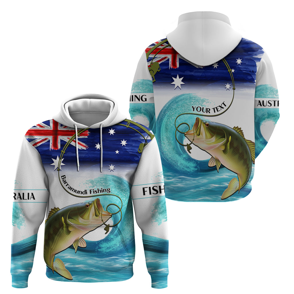 Personalised Australia Fishing Hoodie Barramundi With Ocean Waves Flag Grunge Style - Vibe Hoodie Shop