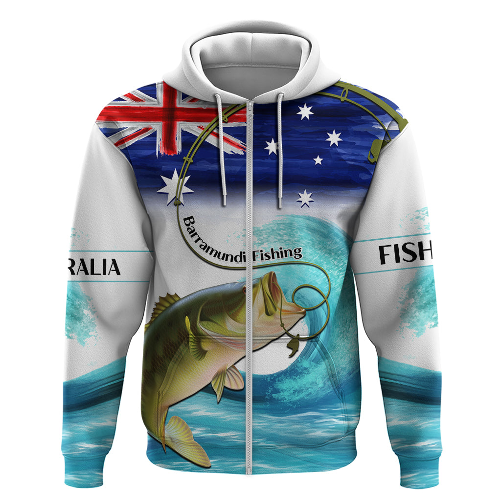 Personalised Australia Fishing Hoodie Barramundi With Ocean Waves Flag Grunge Style - Vibe Hoodie Shop