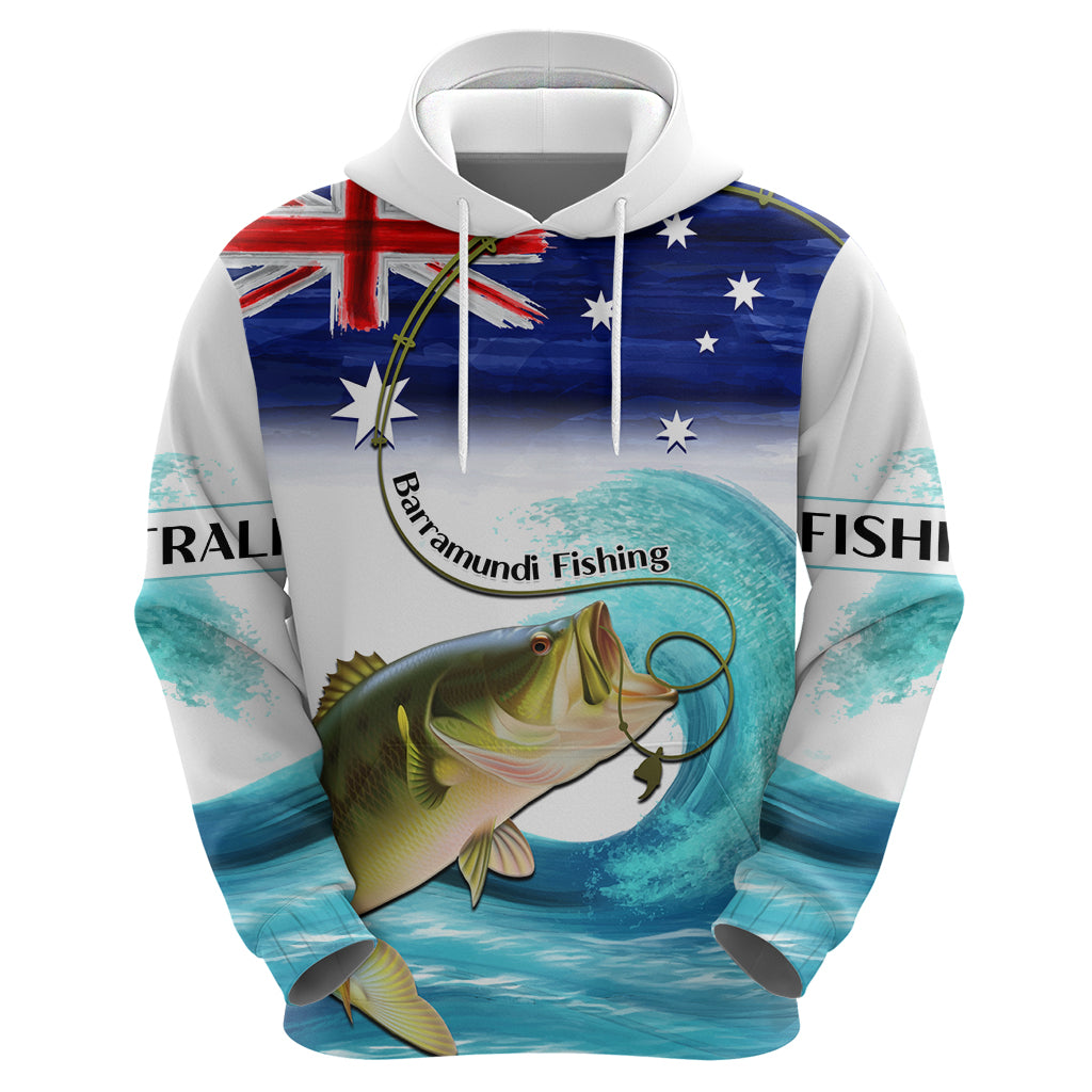 Personalised Australia Fishing Hoodie Barramundi With Ocean Waves Flag Grunge Style - Vibe Hoodie Shop