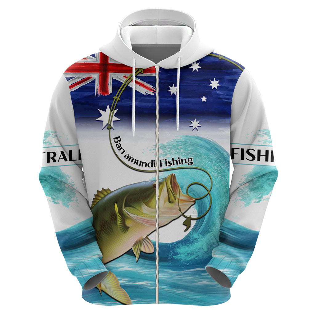 Personalised Australia Fishing Hoodie Barramundi With Ocean Waves Flag Grunge Style - Vibe Hoodie Shop