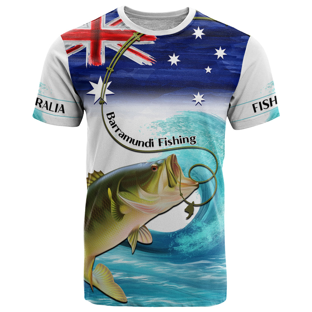 Personalised Australia Fishing T Shirt Barramundi With Ocean Waves Flag Grunge Style - Vibe Hoodie Shop