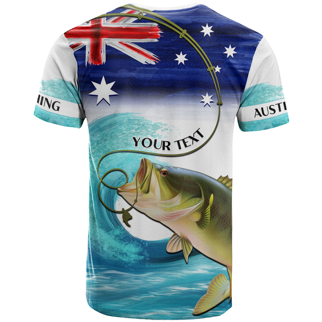 Personalised Australia Fishing T Shirt Barramundi With Ocean Waves Flag Grunge Style - Vibe Hoodie Shop