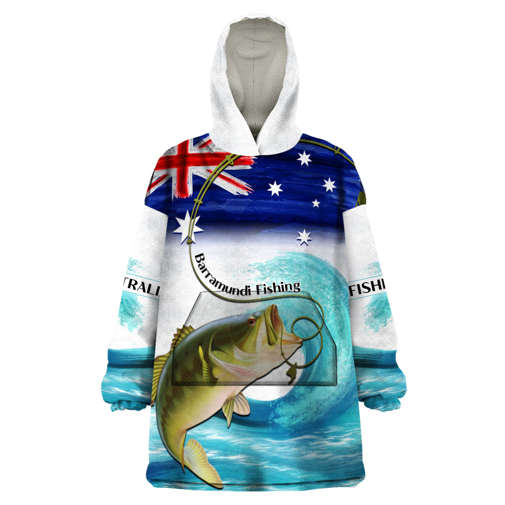 Personalised Australia Fishing Wearable Blanket Hoodie Barramundi With Ocean Waves Flag Grunge Style - Vibe Hoodie Shop