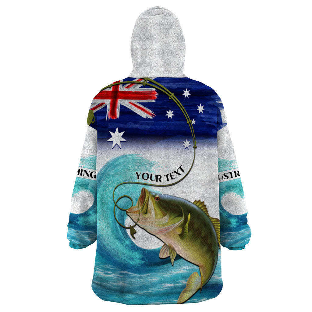 Personalised Australia Fishing Wearable Blanket Hoodie Barramundi With Ocean Waves Flag Grunge Style - Vibe Hoodie Shop