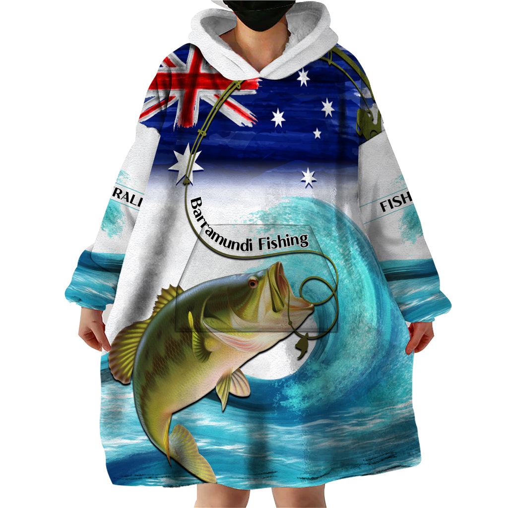 Personalised Australia Fishing Wearable Blanket Hoodie Barramundi With Ocean Waves Flag Grunge Style - Vibe Hoodie Shop