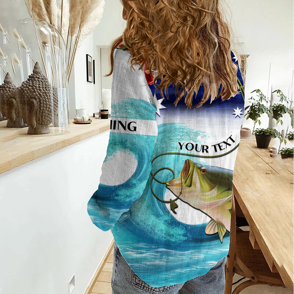 Personalised Australia Fishing Women Casual Shirt Barramundi With Ocean Waves Flag Grunge Style - Vibe Hoodie Shop