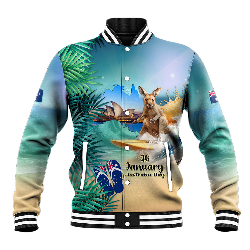 Australia Day 2024 Baseball Jacket Kangaroo Go Surfing Aussie Map Tropical Style - Vibe Hoodie Shop