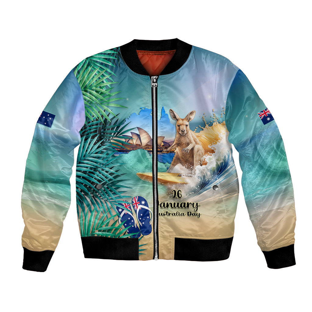 Australia Day 2024 Bomber Jacket Kangaroo Go Surfing Aussie Map Tropical Style - Vibe Hoodie Shop