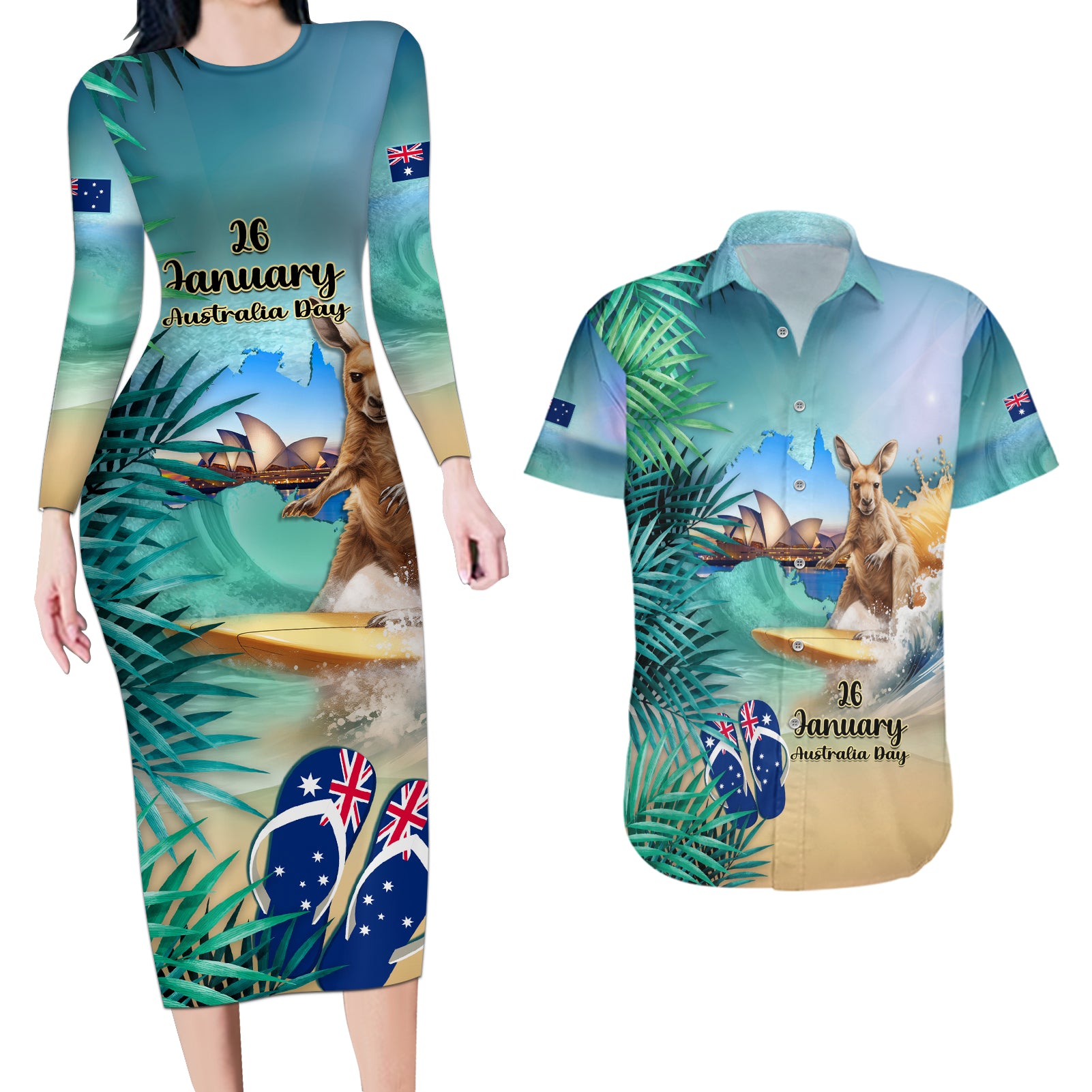 Australia Day 2024 Couples Matching Long Sleeve Bodycon Dress and Hawaiian Shirt Kangaroo Go Surfing Aussie Map Tropical Style