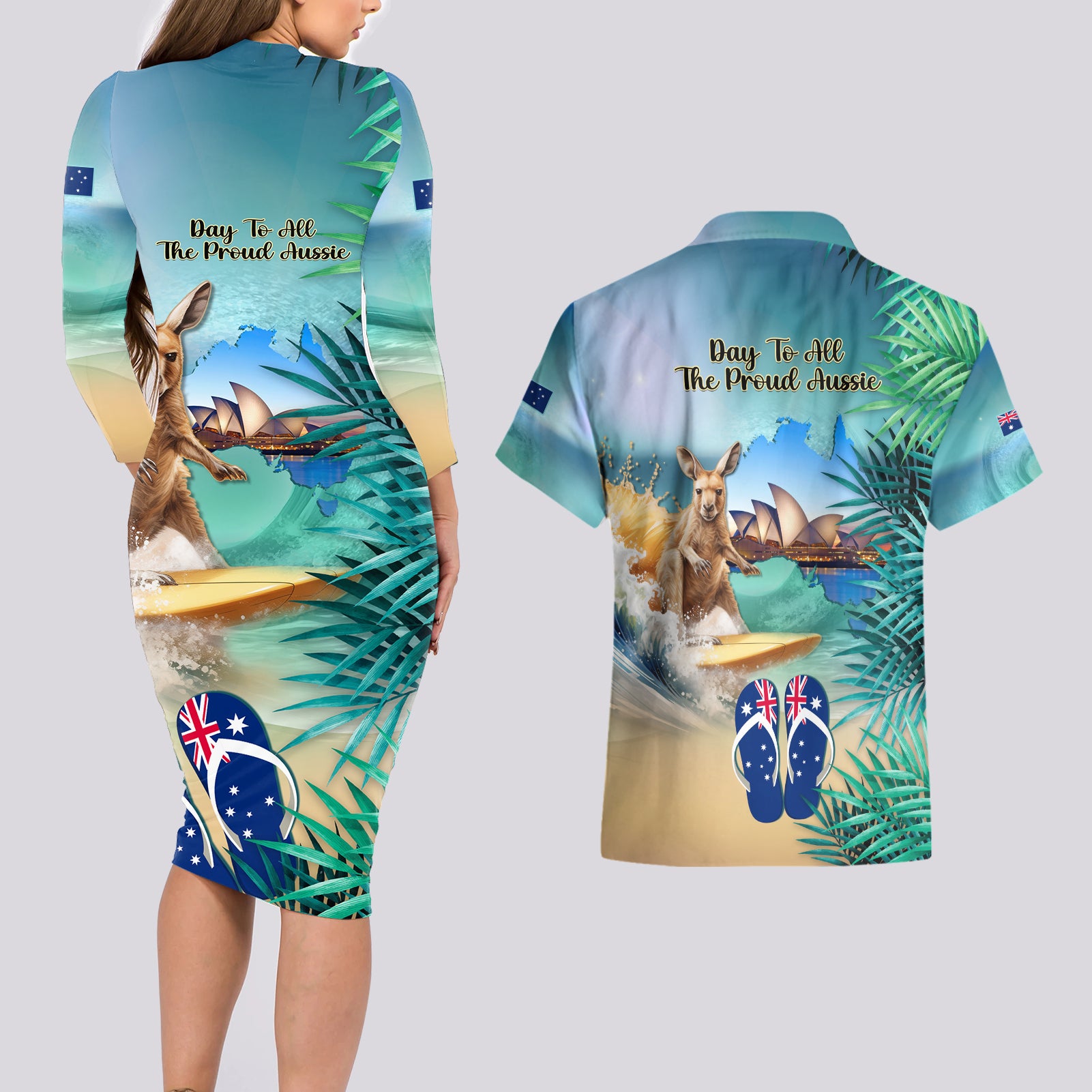 Australia Day 2024 Couples Matching Long Sleeve Bodycon Dress and Hawaiian Shirt Kangaroo Go Surfing Aussie Map Tropical Style