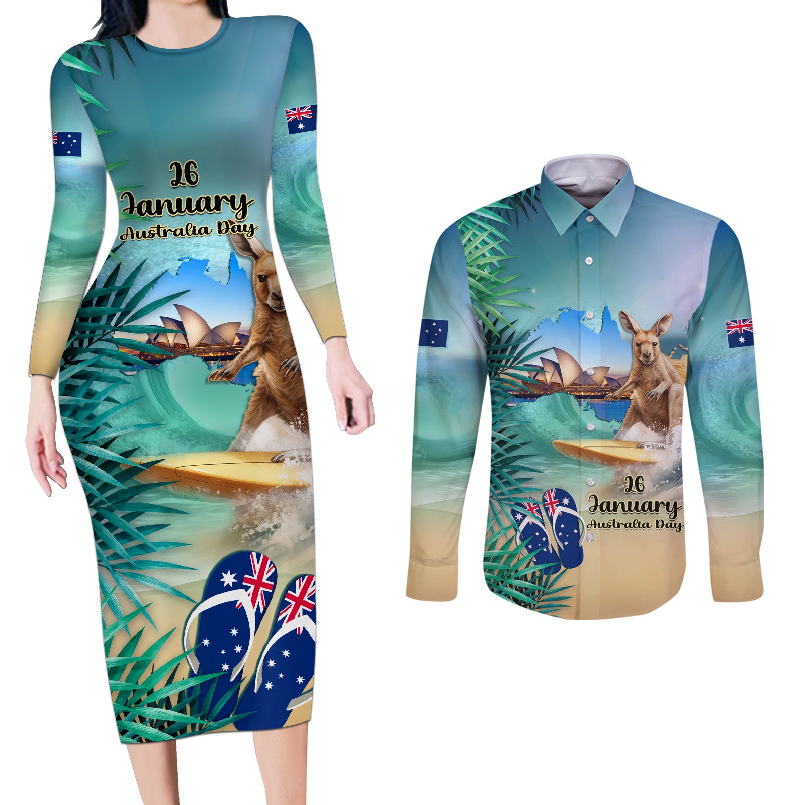 Australia Day 2024 Couples Matching Long Sleeve Bodycon Dress and Long Sleeve Button Shirt Kangaroo Go Surfing Aussie Map Tropical Style