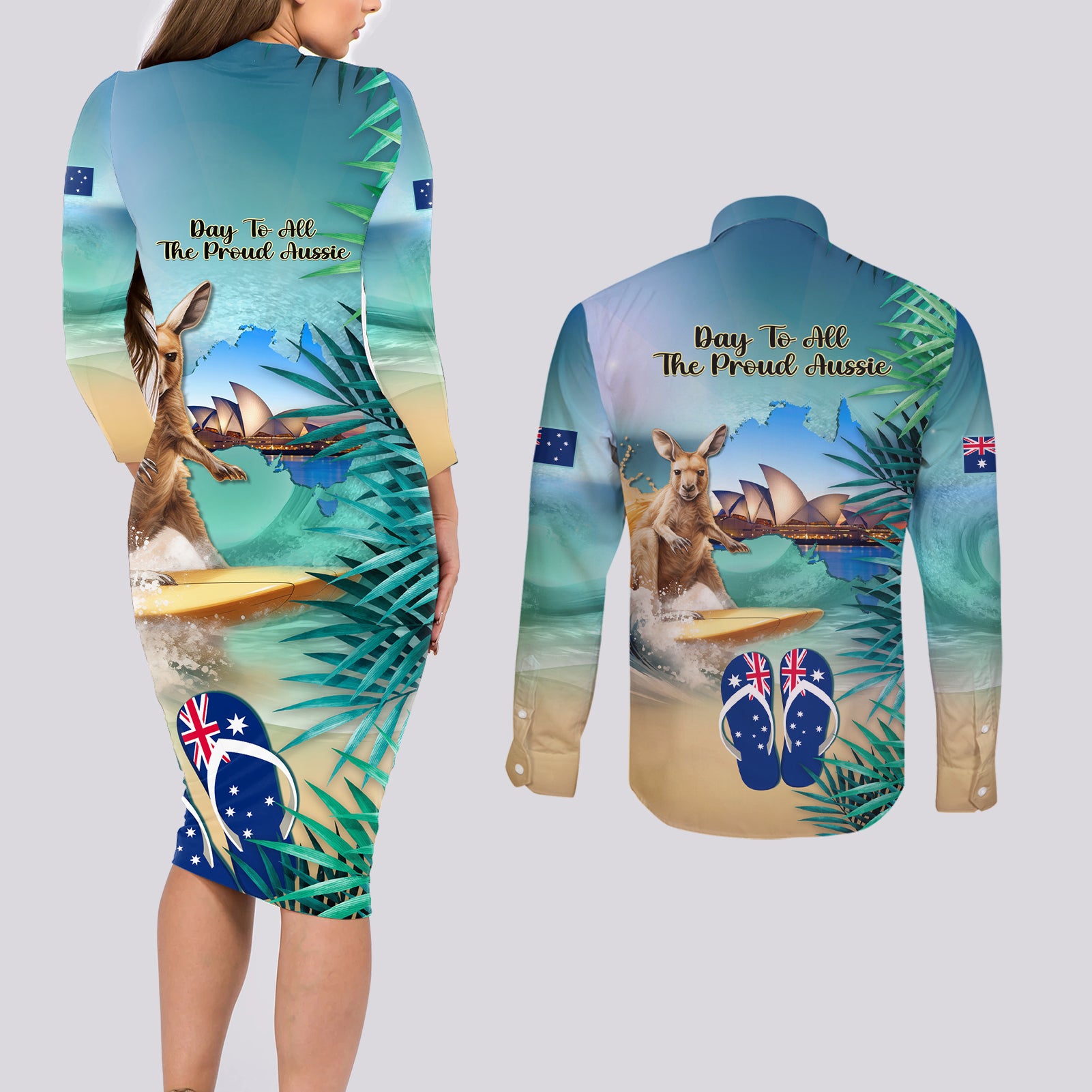 Australia Day 2024 Couples Matching Long Sleeve Bodycon Dress and Long Sleeve Button Shirt Kangaroo Go Surfing Aussie Map Tropical Style