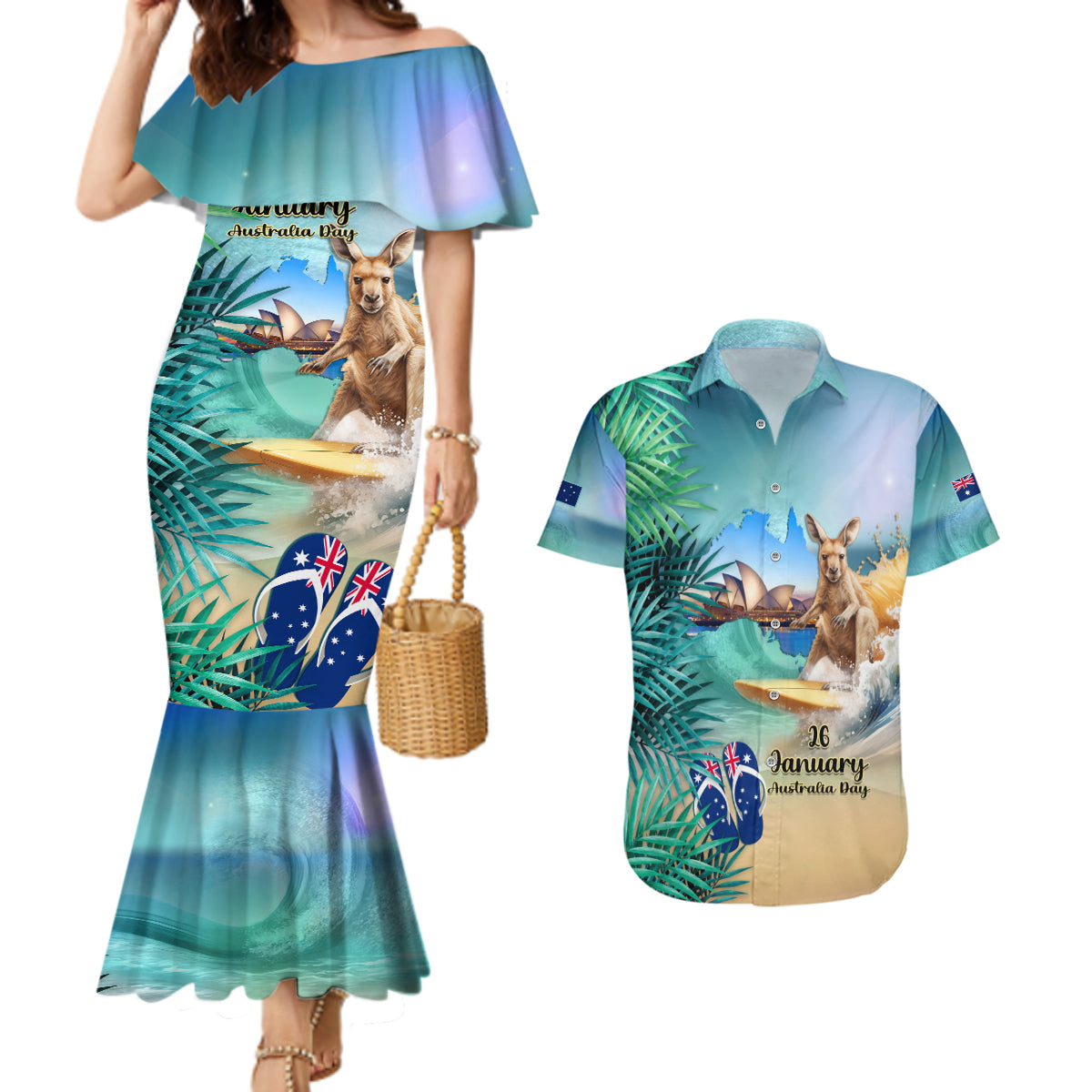 Australia Day 2024 Couples Matching Mermaid Dress and Hawaiian Shirt Kangaroo Go Surfing Aussie Map Tropical Style