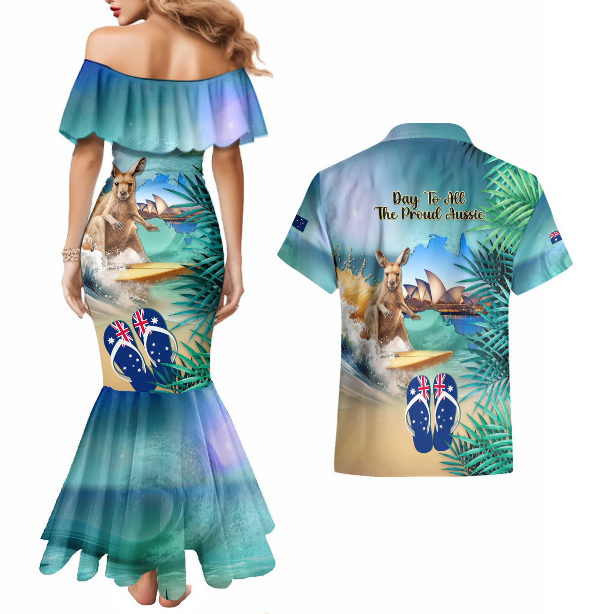 Australia Day 2024 Couples Matching Mermaid Dress and Hawaiian Shirt Kangaroo Go Surfing Aussie Map Tropical Style