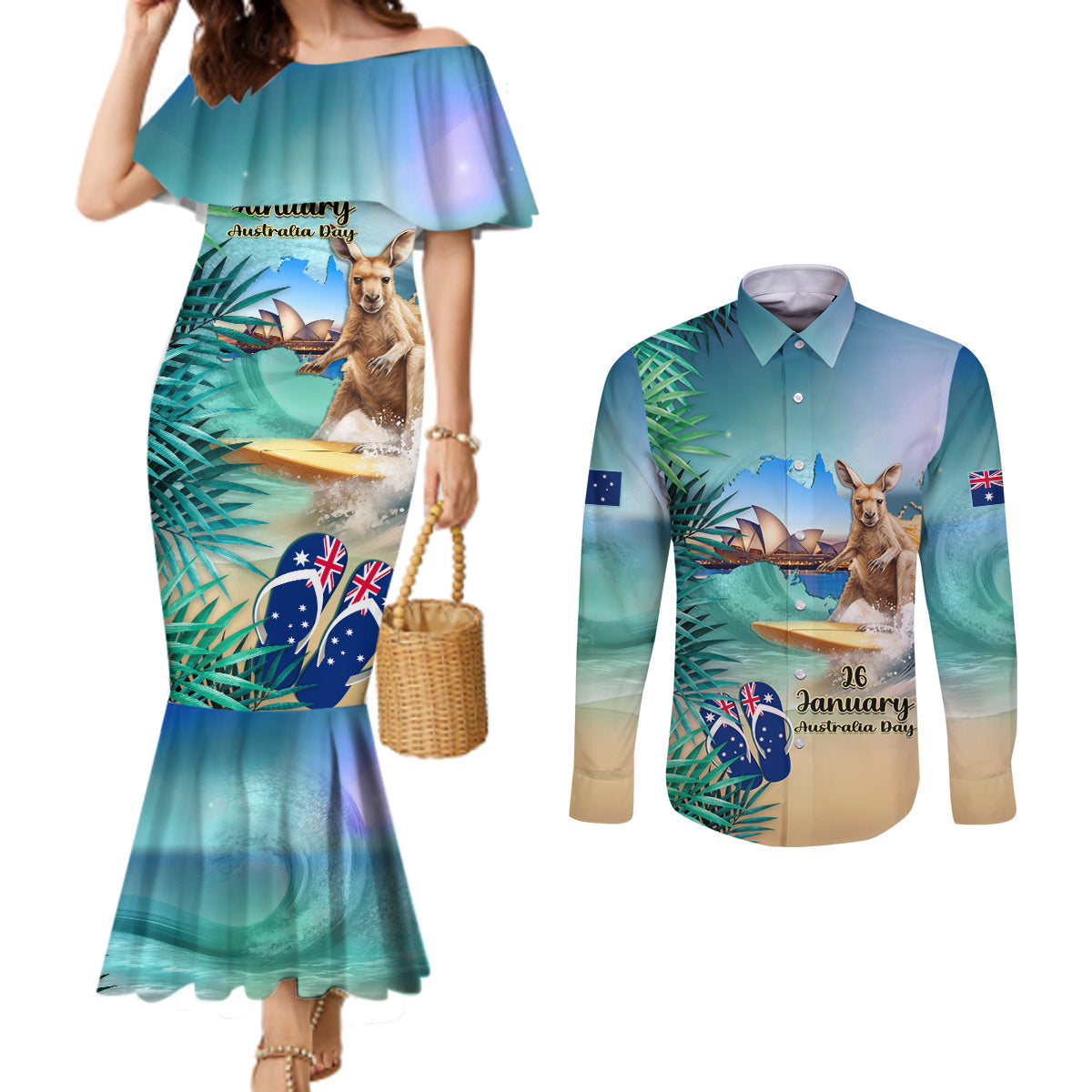 Australia Day 2024 Couples Matching Mermaid Dress and Long Sleeve Button Shirt Kangaroo Go Surfing Aussie Map Tropical Style