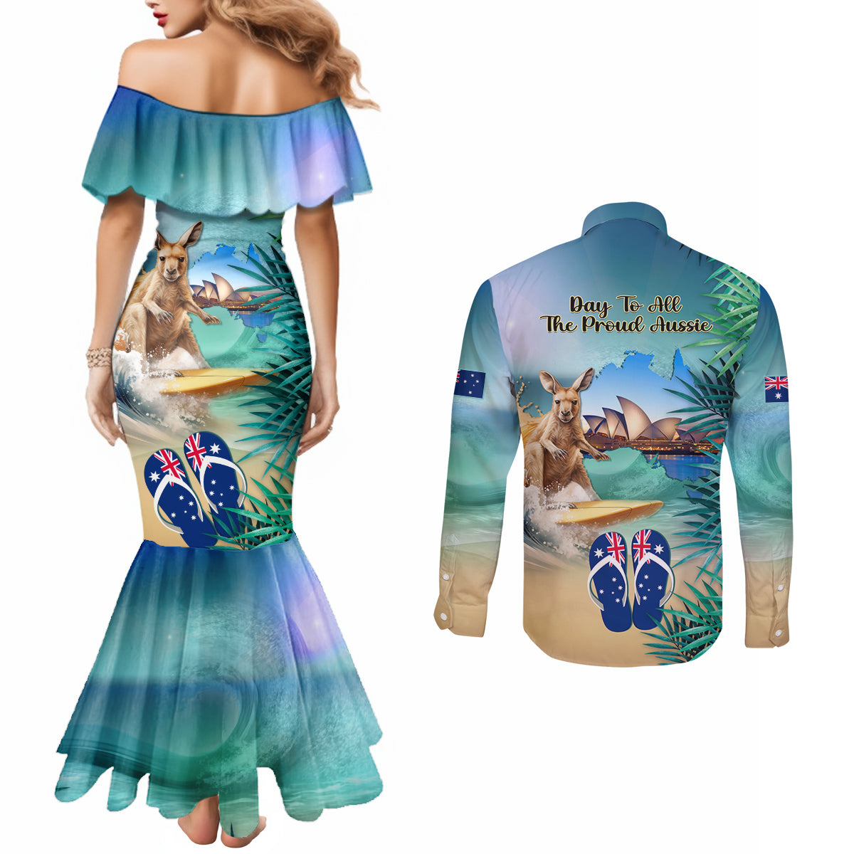 Australia Day 2024 Couples Matching Mermaid Dress and Long Sleeve Button Shirt Kangaroo Go Surfing Aussie Map Tropical Style