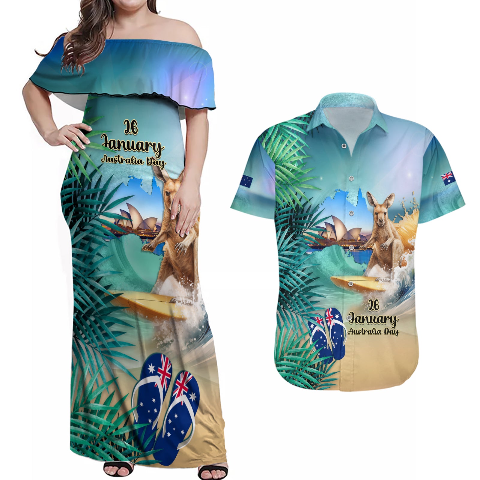 Australia Day 2024 Couples Matching Off Shoulder Maxi Dress and Hawaiian Shirt Kangaroo Go Surfing Aussie Map Tropical Style