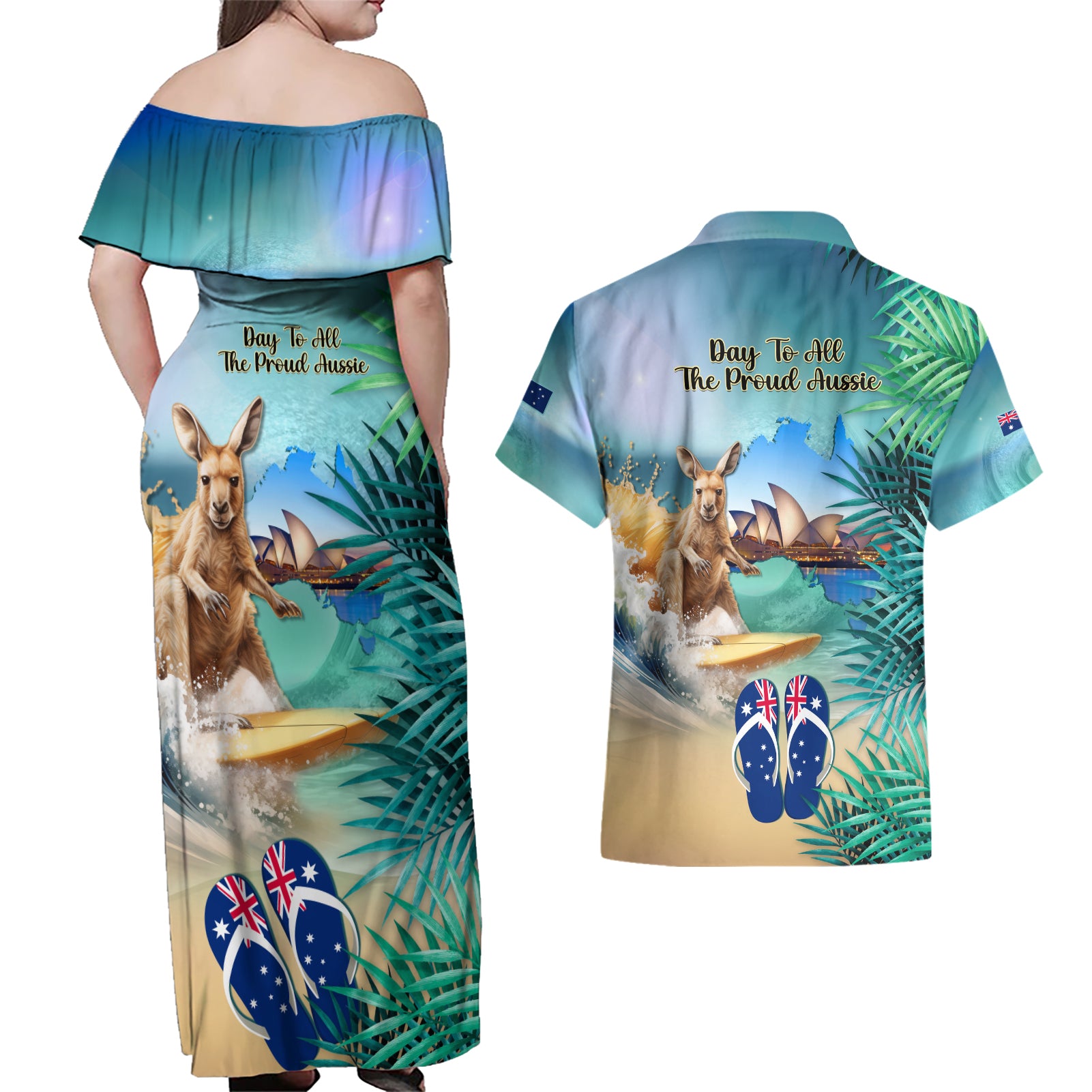 Australia Day 2024 Couples Matching Off Shoulder Maxi Dress and Hawaiian Shirt Kangaroo Go Surfing Aussie Map Tropical Style