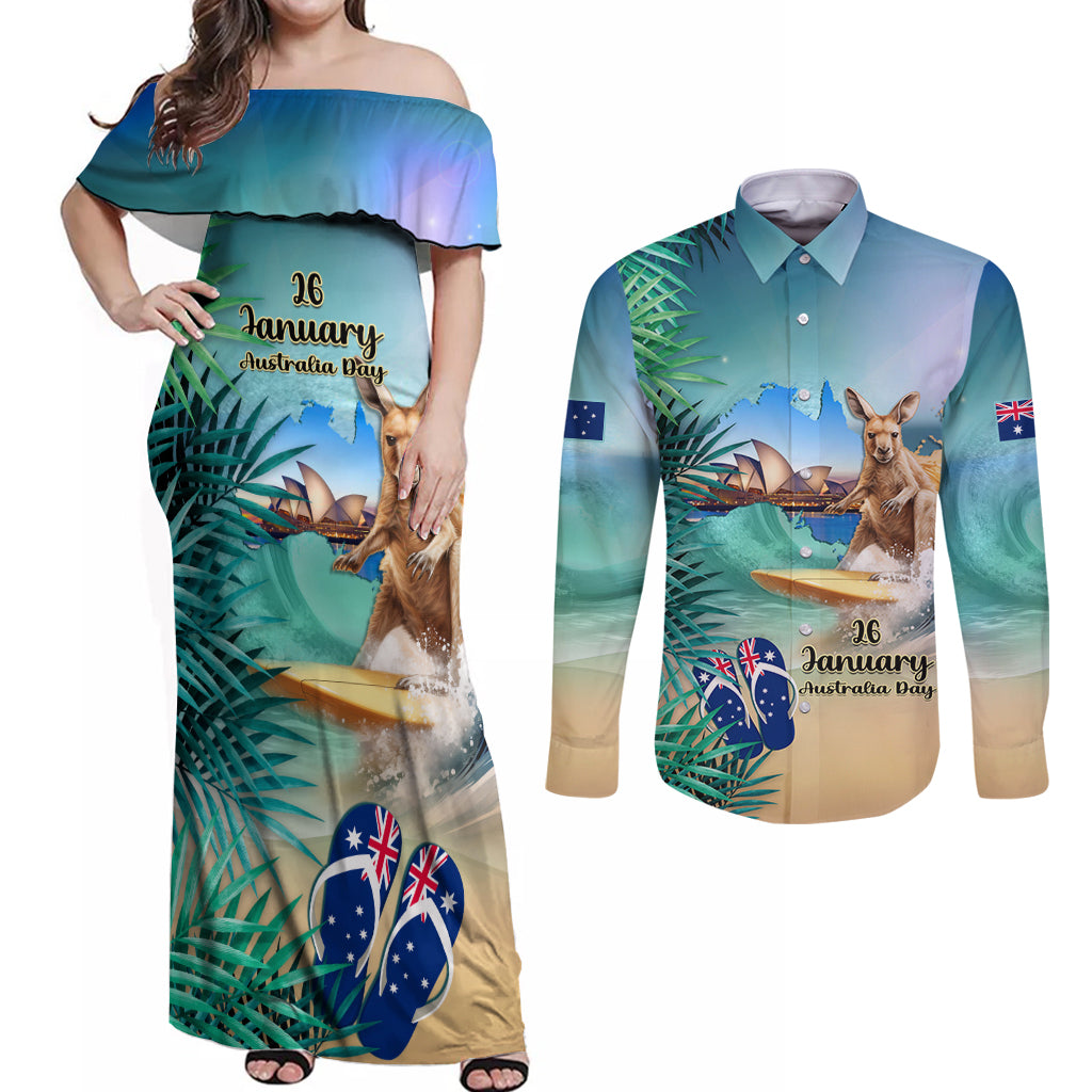 Australia Day 2024 Couples Matching Off Shoulder Maxi Dress and Long Sleeve Button Shirt Kangaroo Go Surfing Aussie Map Tropical Style