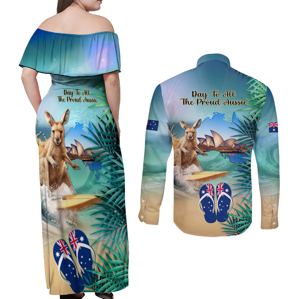 Australia Day 2024 Couples Matching Off Shoulder Maxi Dress and Long Sleeve Button Shirt Kangaroo Go Surfing Aussie Map Tropical Style