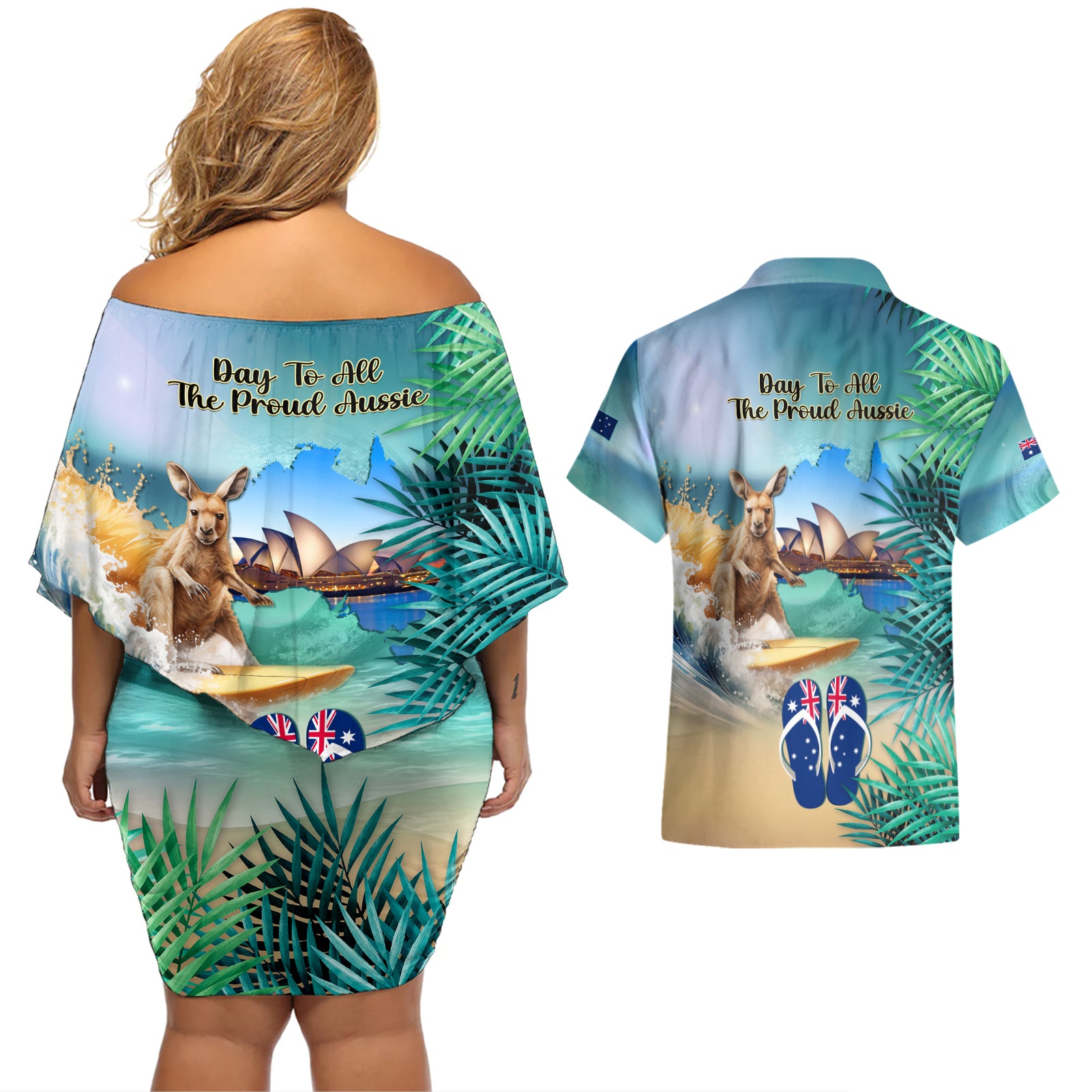 Australia Day 2024 Couples Matching Off Shoulder Short Dress and Hawaiian Shirt Kangaroo Go Surfing Aussie Map Tropical Style