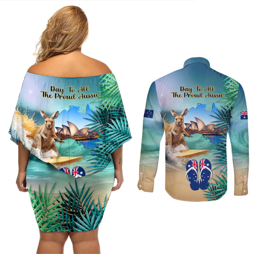 Australia Day 2024 Couples Matching Off Shoulder Short Dress and Long Sleeve Button Shirt Kangaroo Go Surfing Aussie Map Tropical Style