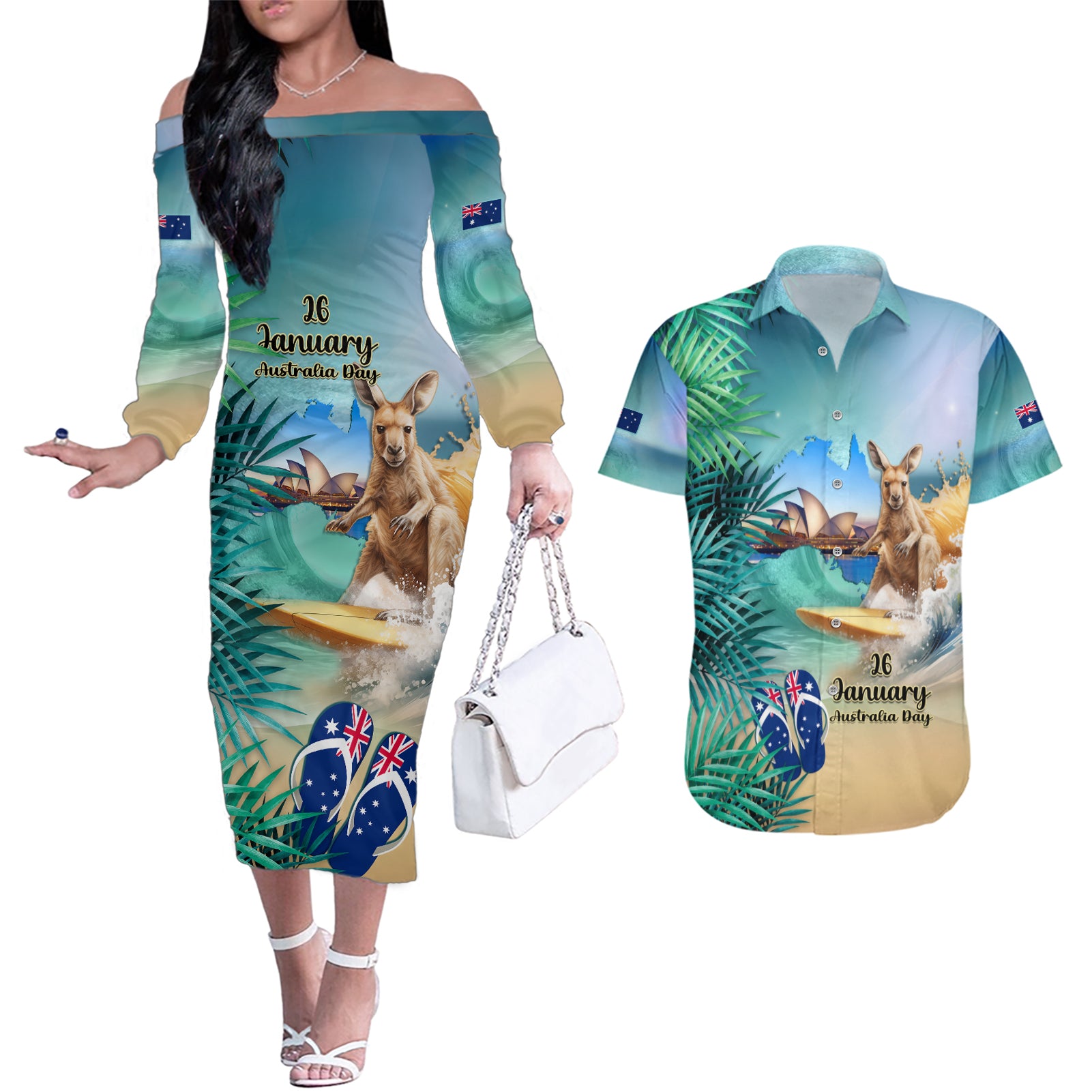 Australia Day 2024 Couples Matching Off The Shoulder Long Sleeve Dress and Hawaiian Shirt Kangaroo Go Surfing Aussie Map Tropical Style