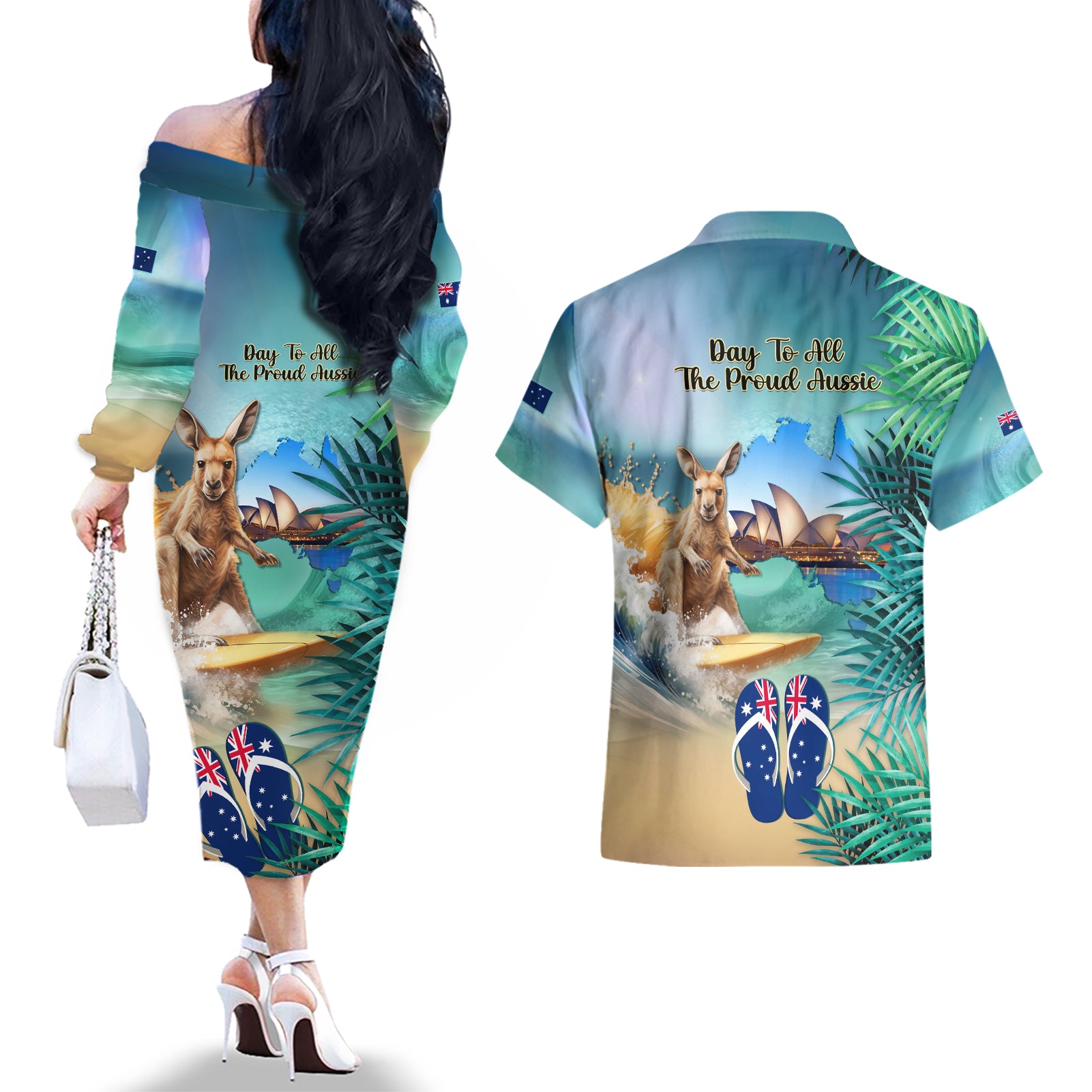 Australia Day 2024 Couples Matching Off The Shoulder Long Sleeve Dress and Hawaiian Shirt Kangaroo Go Surfing Aussie Map Tropical Style