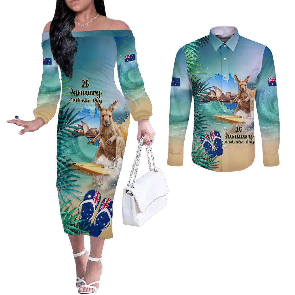 Australia Day 2024 Couples Matching Off The Shoulder Long Sleeve Dress and Long Sleeve Button Shirt Kangaroo Go Surfing Aussie Map Tropical Style