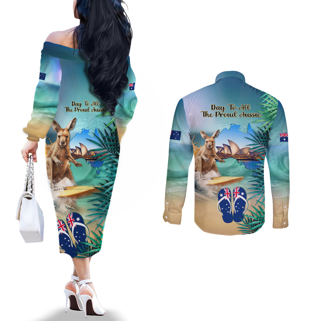 Australia Day 2024 Couples Matching Off The Shoulder Long Sleeve Dress and Long Sleeve Button Shirt Kangaroo Go Surfing Aussie Map Tropical Style