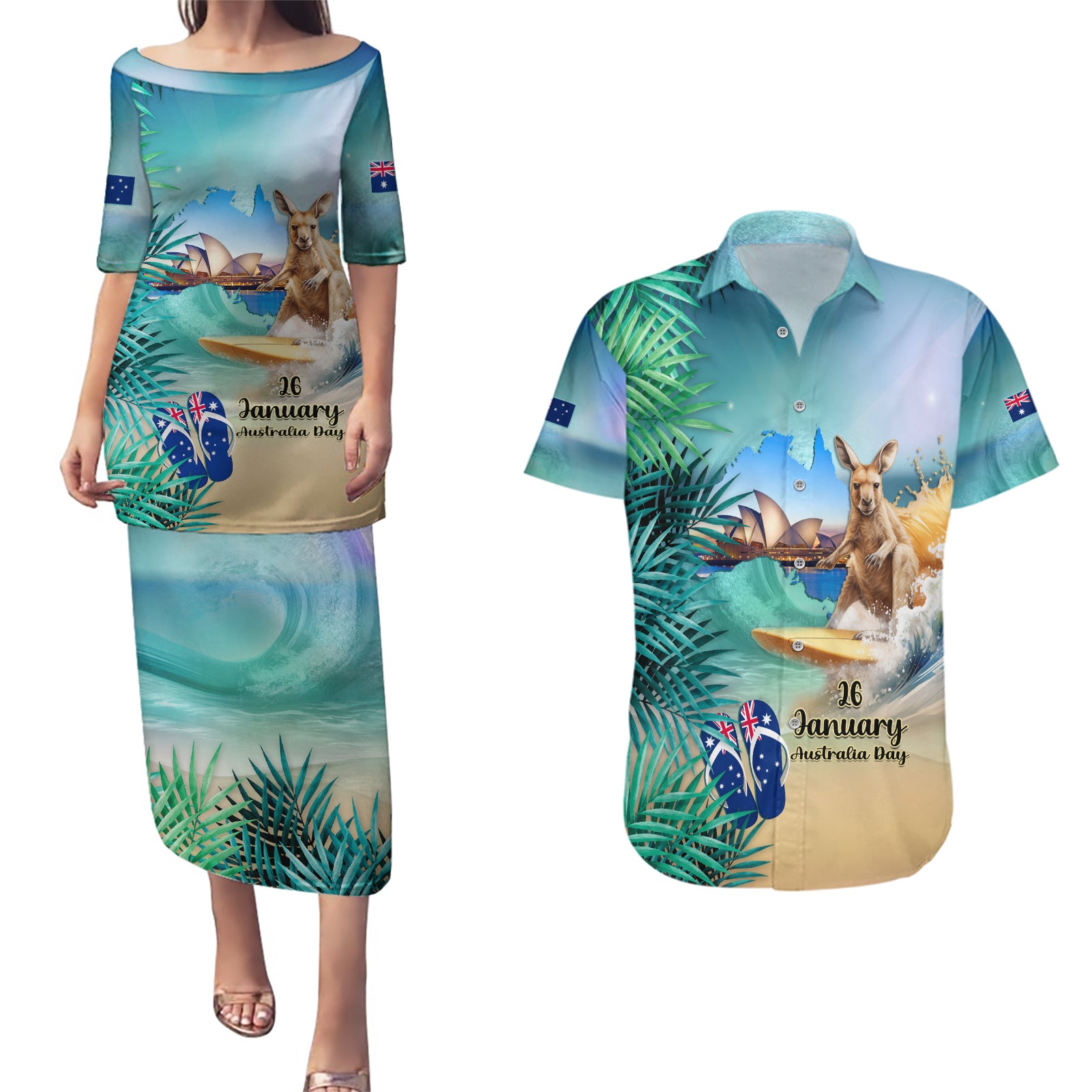 Australia Day 2024 Couples Matching Puletasi and Hawaiian Shirt Kangaroo Go Surfing Aussie Map Tropical Style