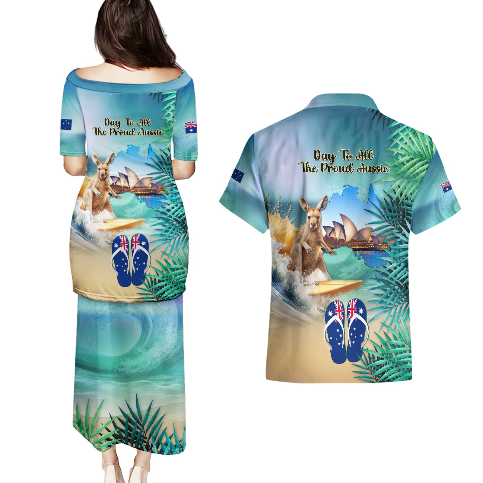 Australia Day 2024 Couples Matching Puletasi and Hawaiian Shirt Kangaroo Go Surfing Aussie Map Tropical Style