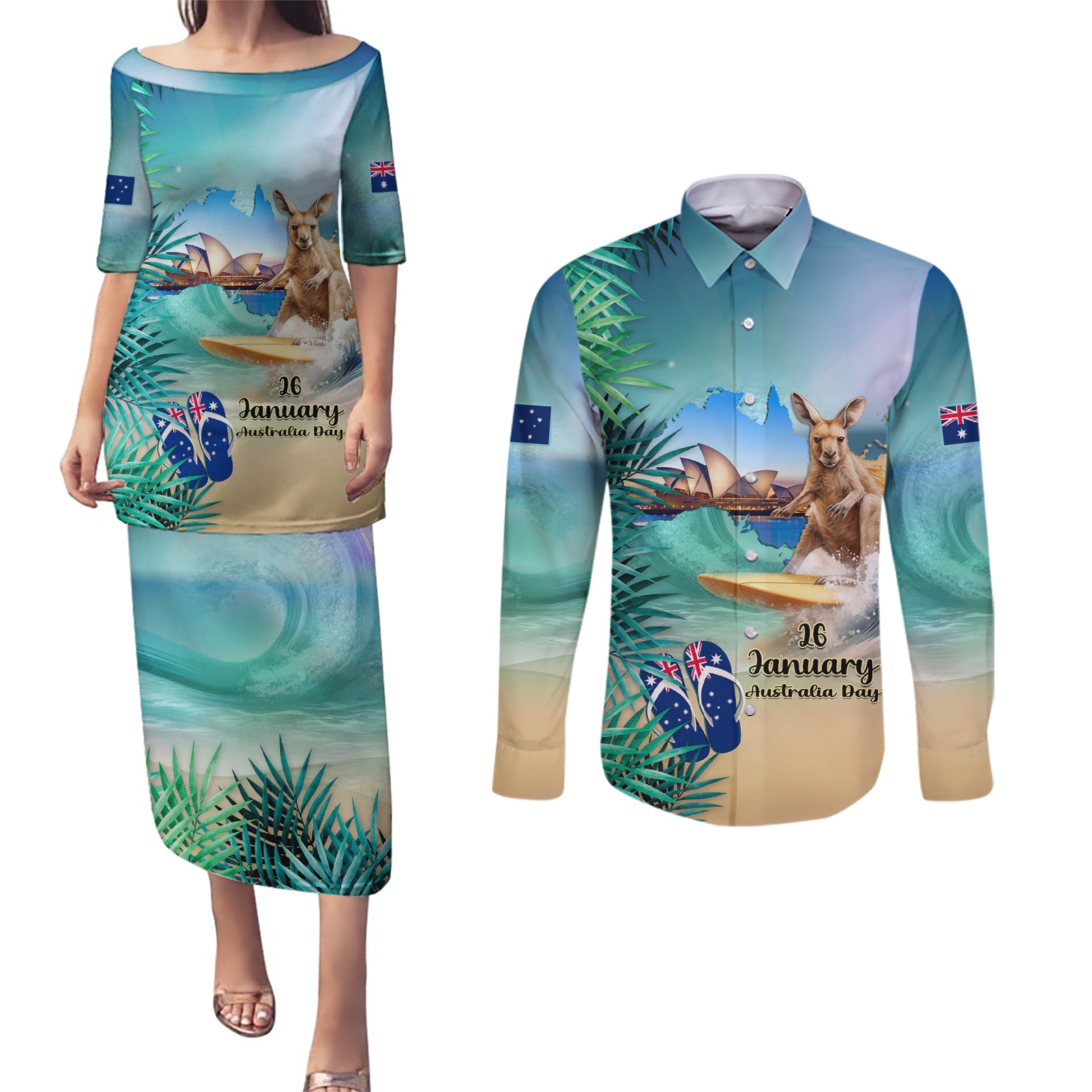 Australia Day 2024 Couples Matching Puletasi and Long Sleeve Button Shirt Kangaroo Go Surfing Aussie Map Tropical Style