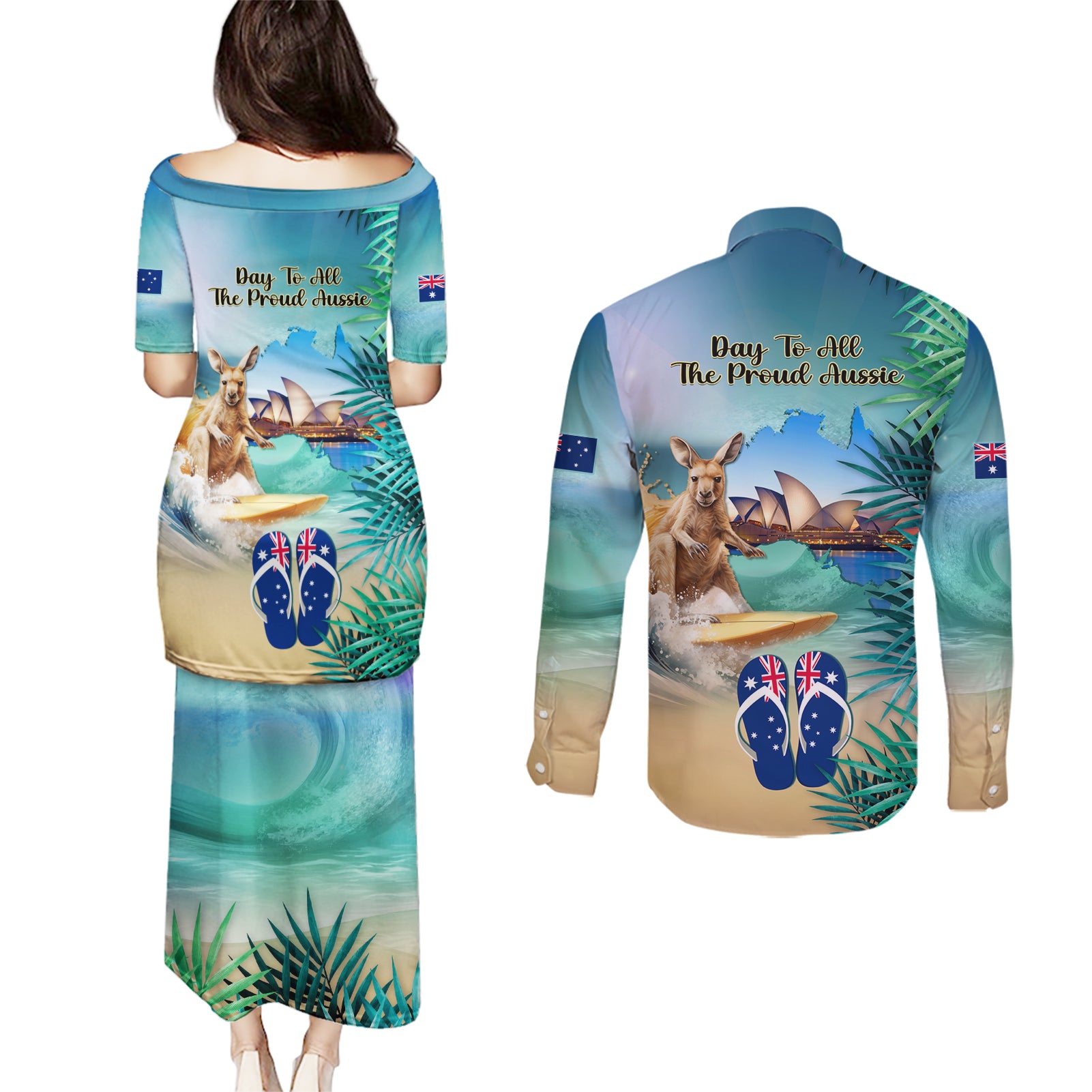 Australia Day 2024 Couples Matching Puletasi and Long Sleeve Button Shirt Kangaroo Go Surfing Aussie Map Tropical Style