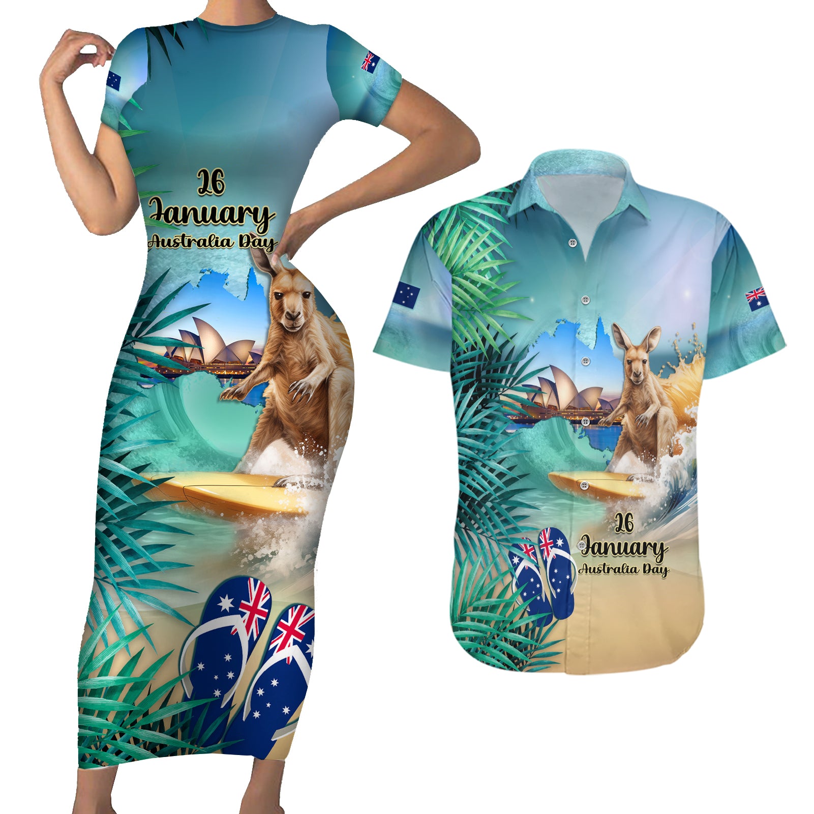 Australia Day 2024 Couples Matching Short Sleeve Bodycon Dress and Hawaiian Shirt Kangaroo Go Surfing Aussie Map Tropical Style