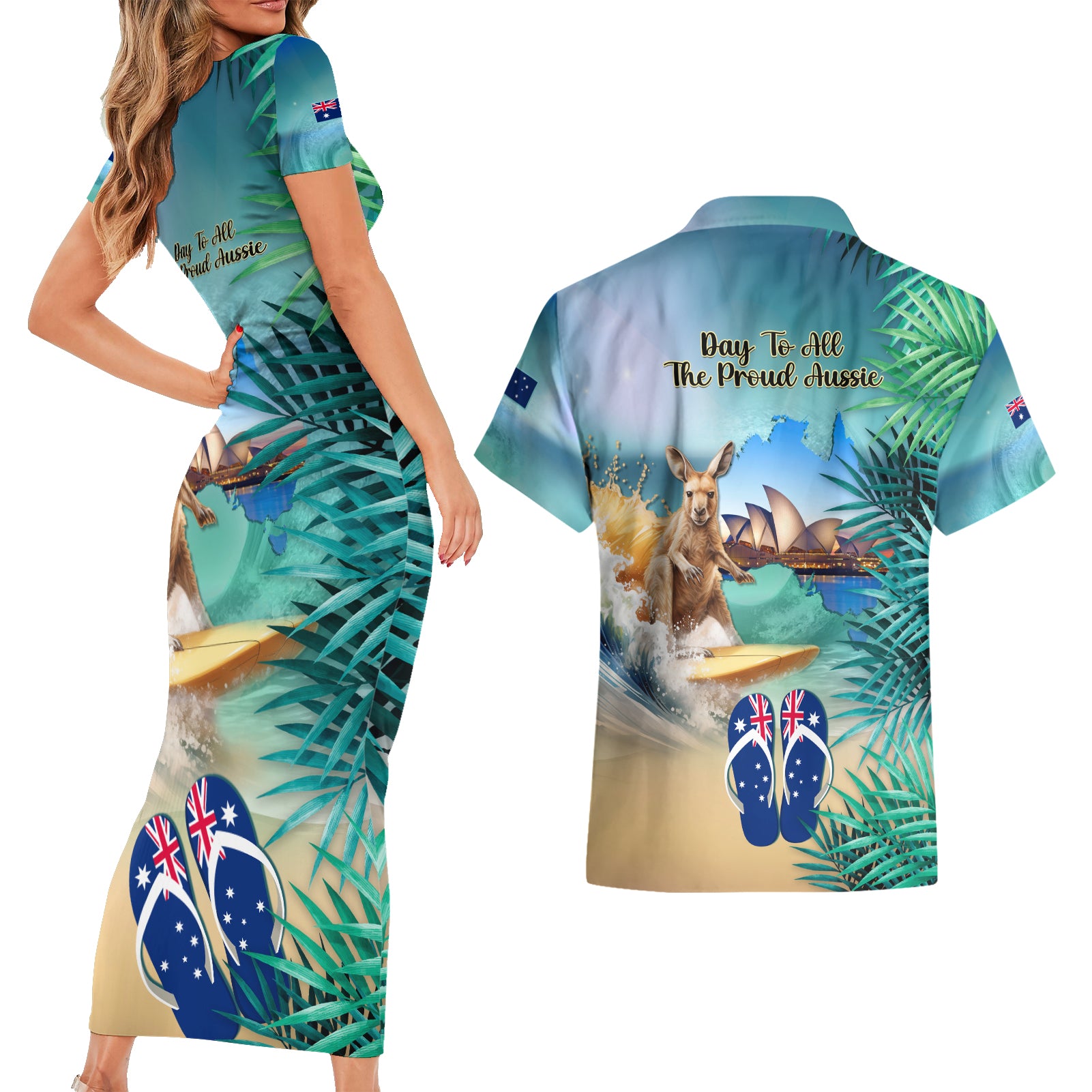 Australia Day 2024 Couples Matching Short Sleeve Bodycon Dress and Hawaiian Shirt Kangaroo Go Surfing Aussie Map Tropical Style