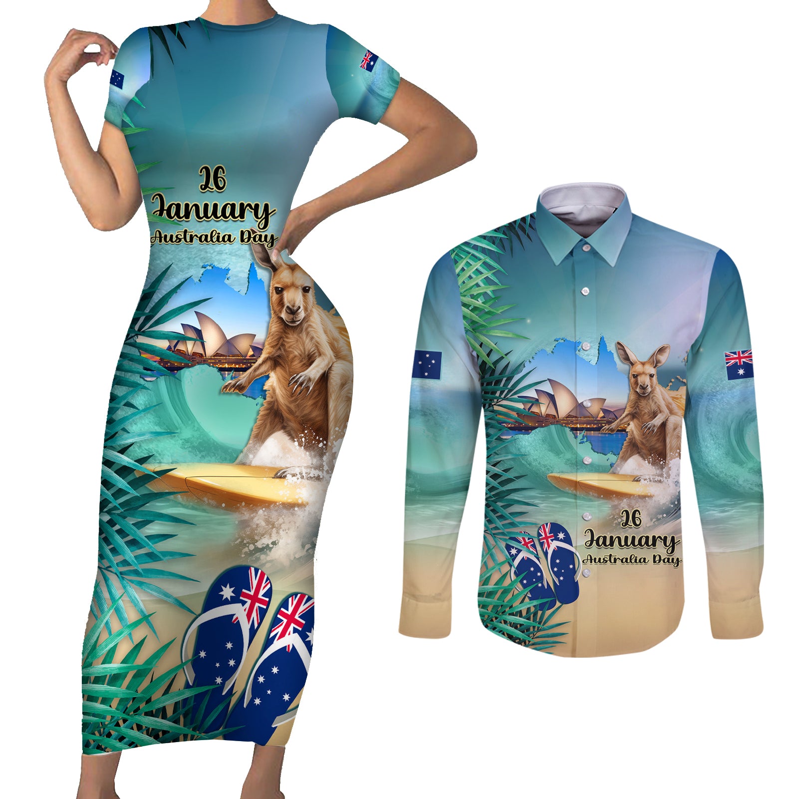 Australia Day 2024 Couples Matching Short Sleeve Bodycon Dress and Long Sleeve Button Shirt Kangaroo Go Surfing Aussie Map Tropical Style