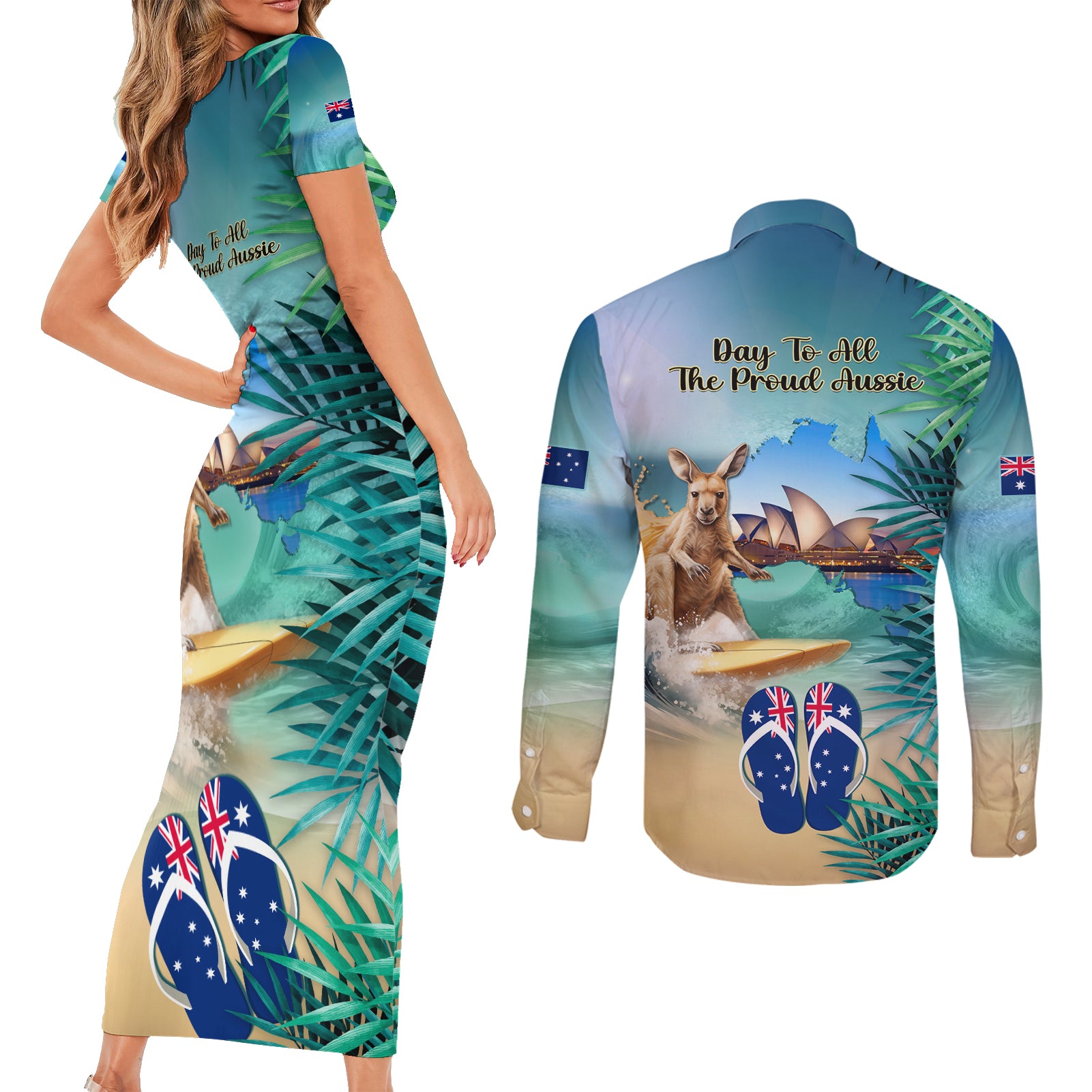 Australia Day 2024 Couples Matching Short Sleeve Bodycon Dress and Long Sleeve Button Shirt Kangaroo Go Surfing Aussie Map Tropical Style