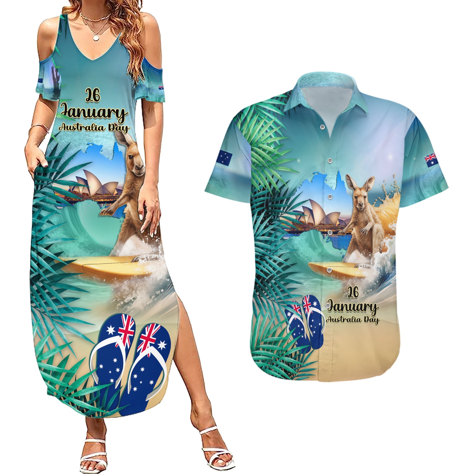 Australia Day 2024 Couples Matching Summer Maxi Dress and Hawaiian Shirt Kangaroo Go Surfing Aussie Map Tropical Style