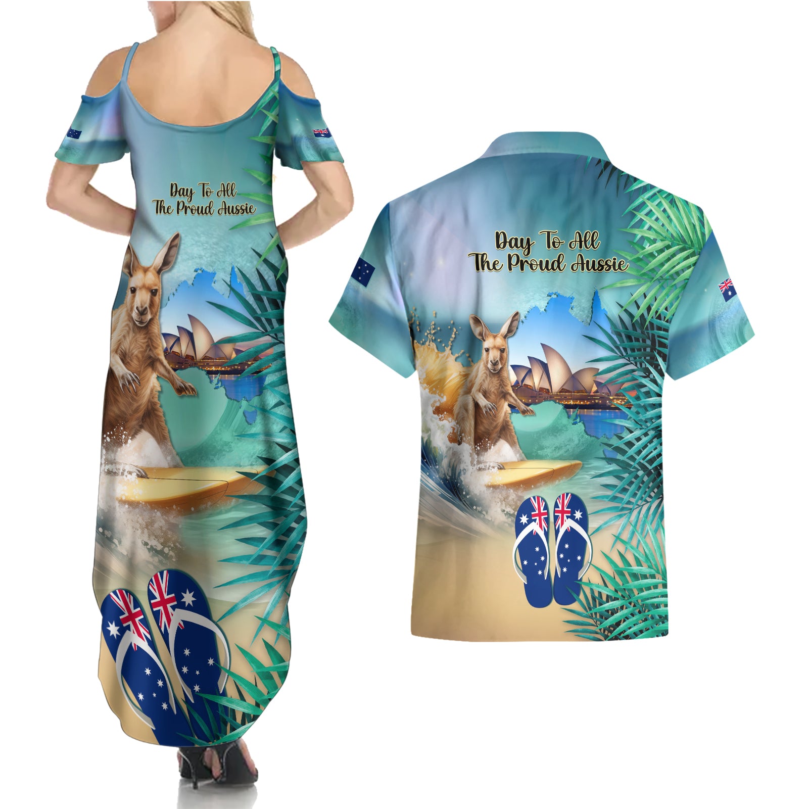 Australia Day 2024 Couples Matching Summer Maxi Dress and Hawaiian Shirt Kangaroo Go Surfing Aussie Map Tropical Style