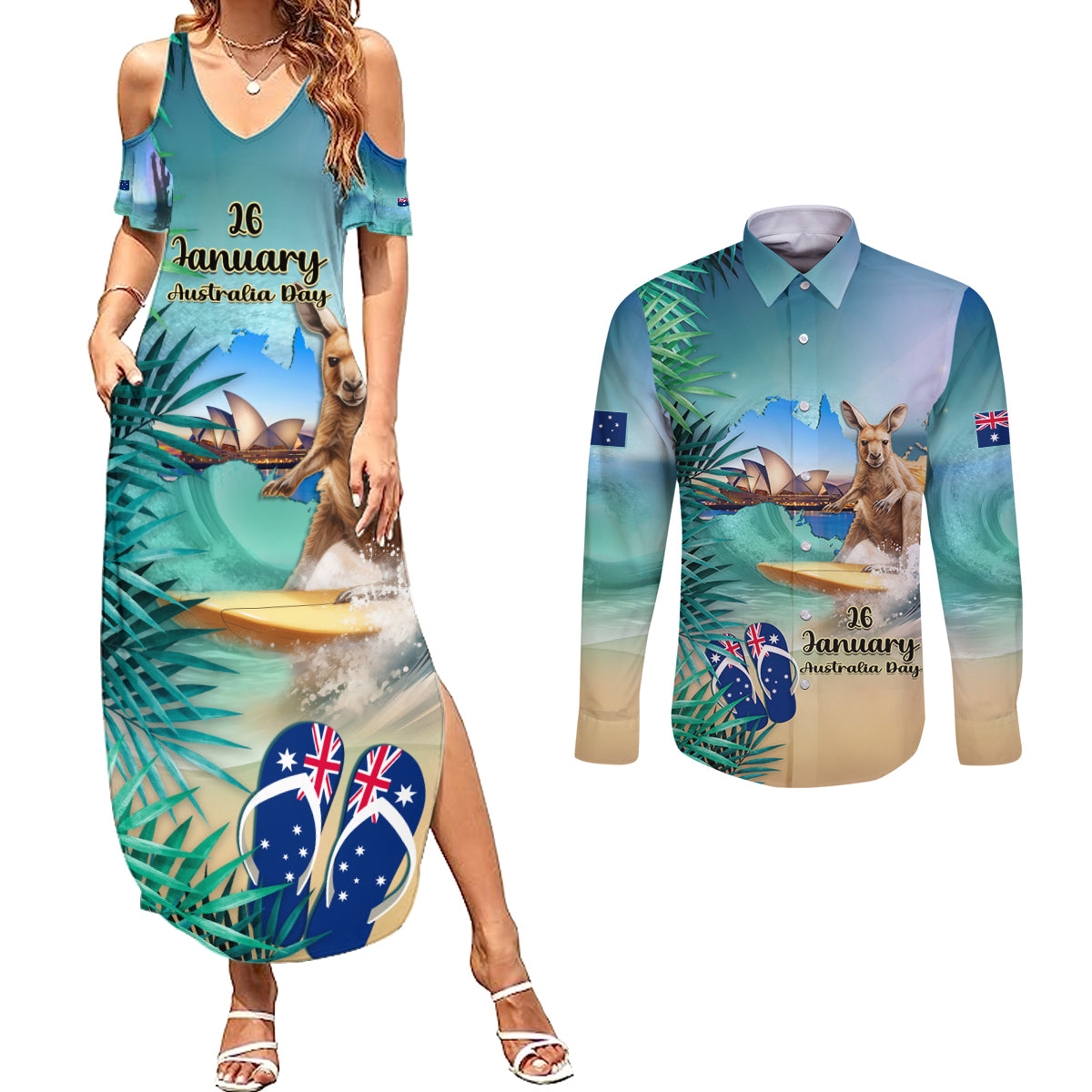 Australia Day 2024 Couples Matching Summer Maxi Dress and Long Sleeve Button Shirt Kangaroo Go Surfing Aussie Map Tropical Style