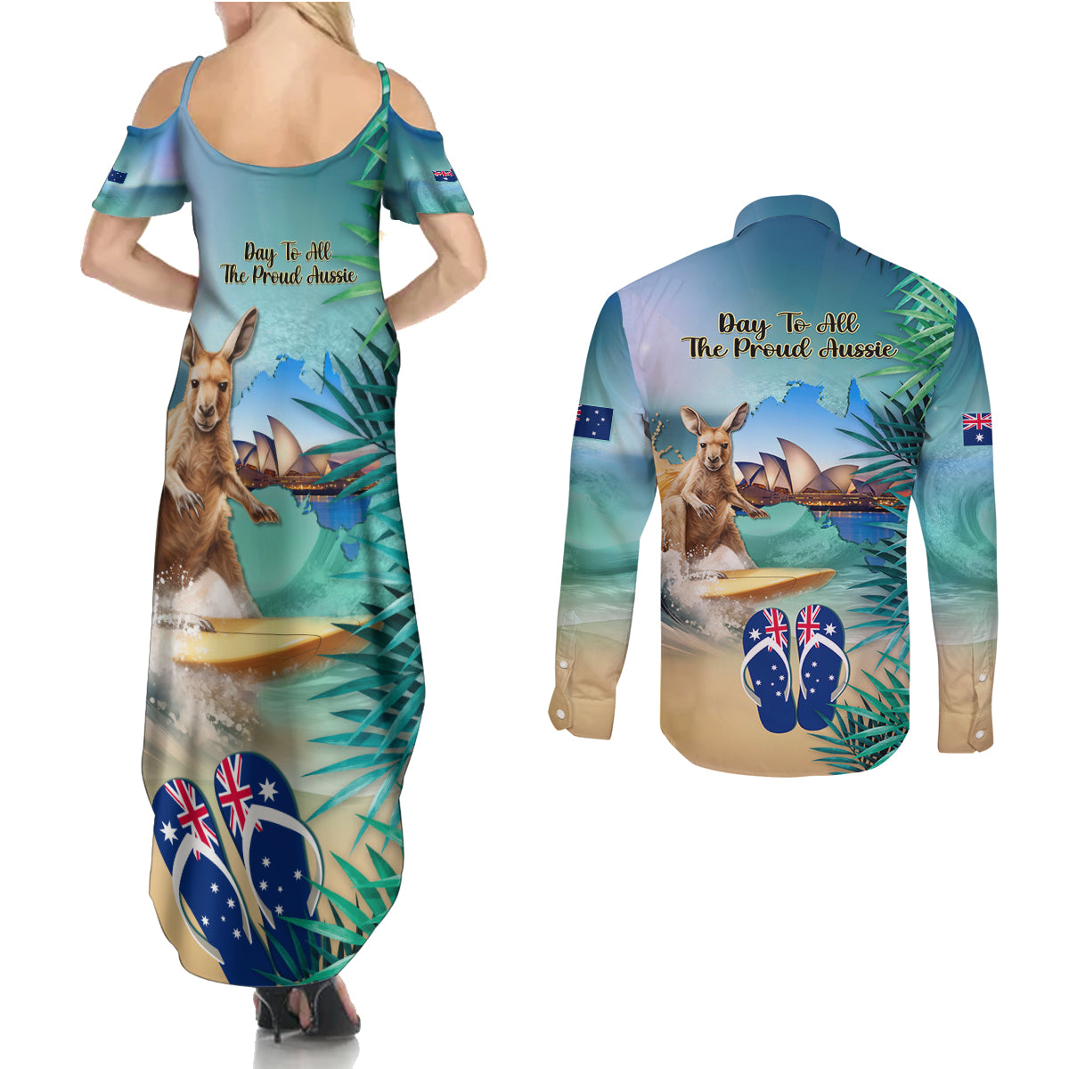 Australia Day 2024 Couples Matching Summer Maxi Dress and Long Sleeve Button Shirt Kangaroo Go Surfing Aussie Map Tropical Style