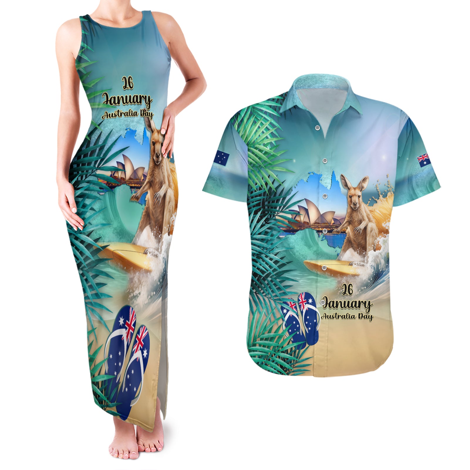 Australia Day 2024 Couples Matching Tank Maxi Dress and Hawaiian Shirt Kangaroo Go Surfing Aussie Map Tropical Style