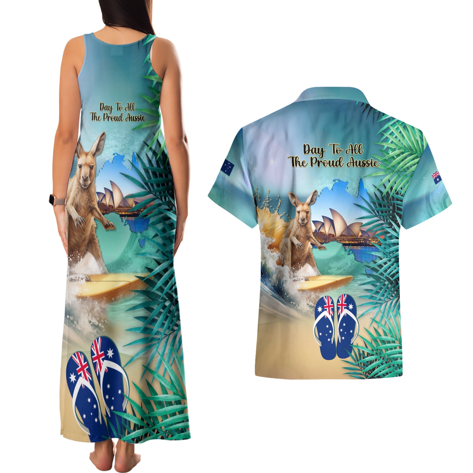 Australia Day 2024 Couples Matching Tank Maxi Dress and Hawaiian Shirt Kangaroo Go Surfing Aussie Map Tropical Style