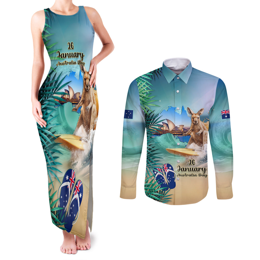 Australia Day 2024 Couples Matching Tank Maxi Dress and Long Sleeve Button Shirt Kangaroo Go Surfing Aussie Map Tropical Style