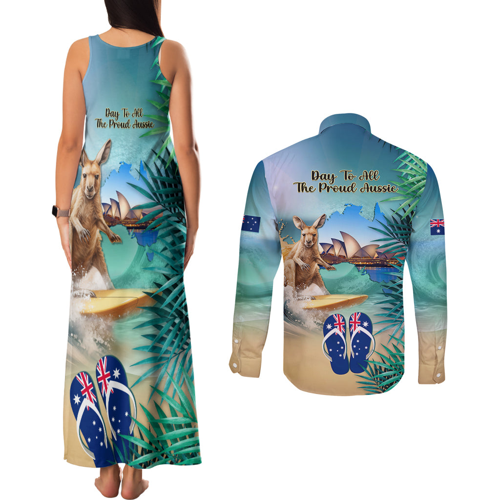 Australia Day 2024 Couples Matching Tank Maxi Dress and Long Sleeve Button Shirt Kangaroo Go Surfing Aussie Map Tropical Style