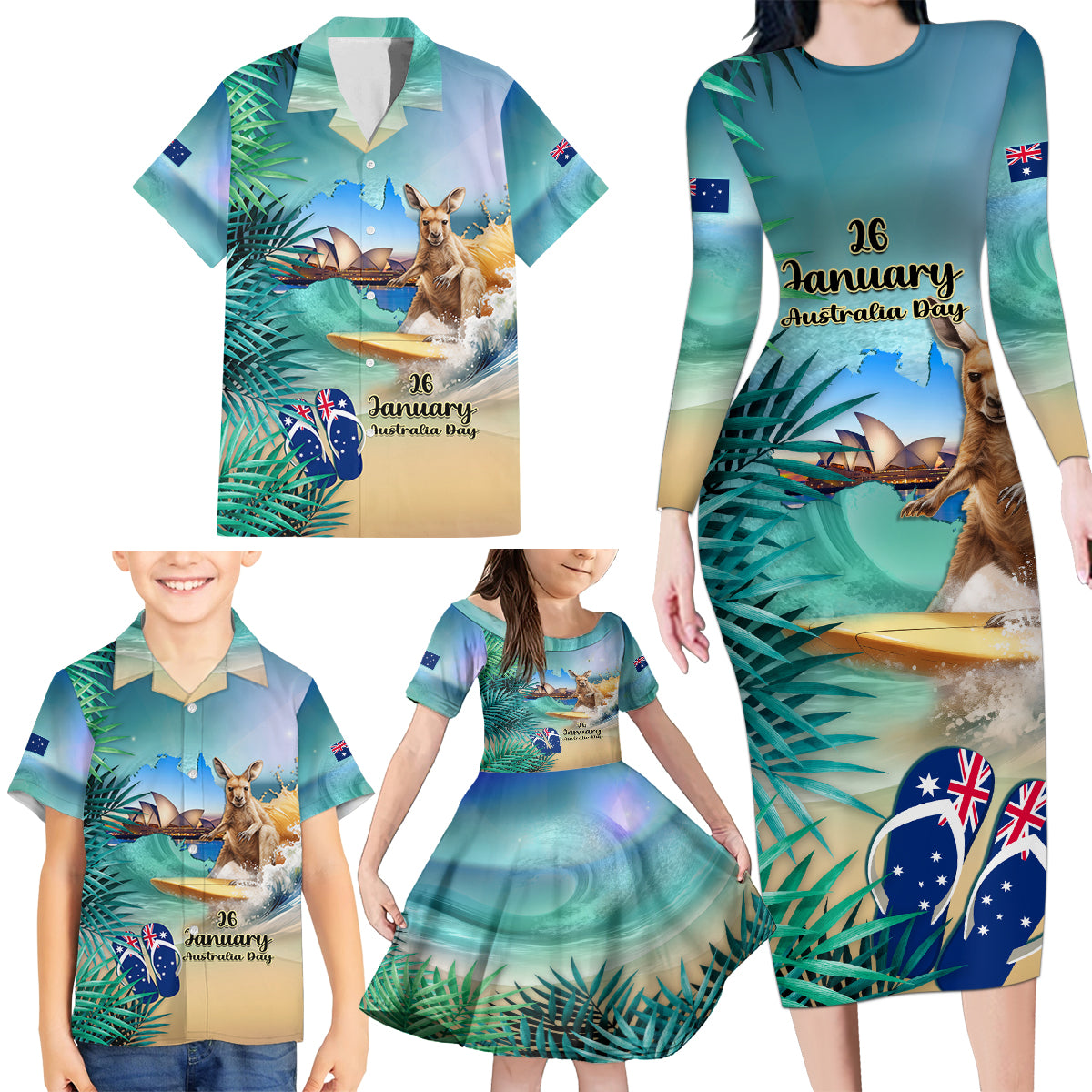 Australia Day 2024 Family Matching Long Sleeve Bodycon Dress and Hawaiian Shirt Kangaroo Go Surfing Aussie Map Tropical Style